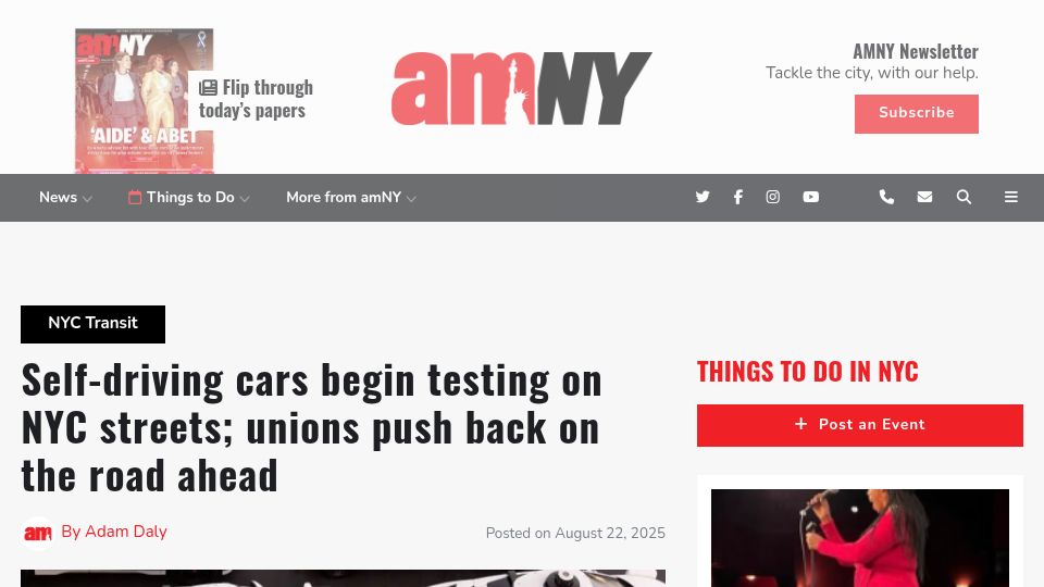 Screenshot of amny.com: Self-driving cars begin testing on NYC streets