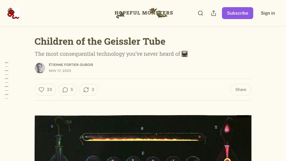 Screenshot of hopefulmons.com: Children of the Geissler Tube (2023)