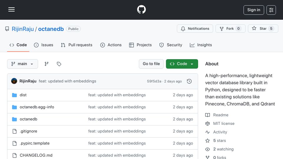 Screenshot of github.com: Show HN: OctaneDB – Fast, Open-Source Vector Database for Python
