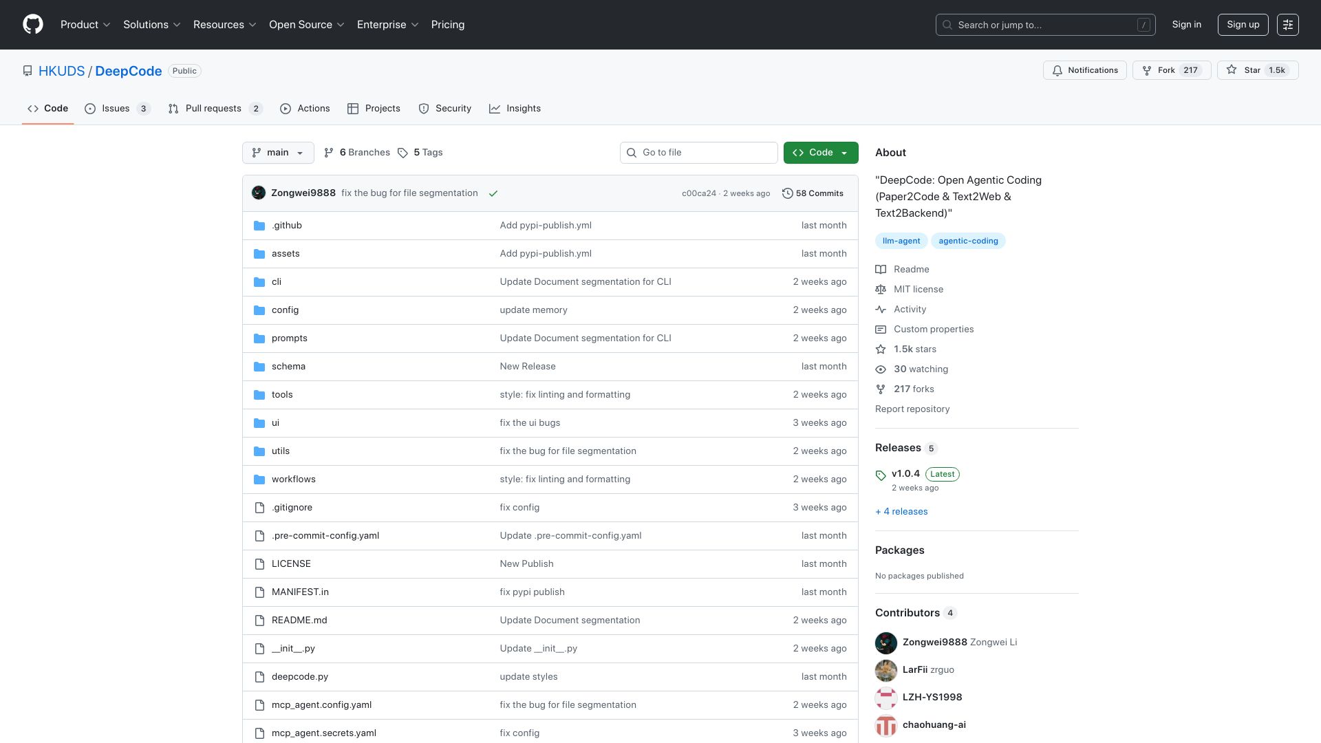 Screenshot of github.com: DeepCode: Open Agentic Coding