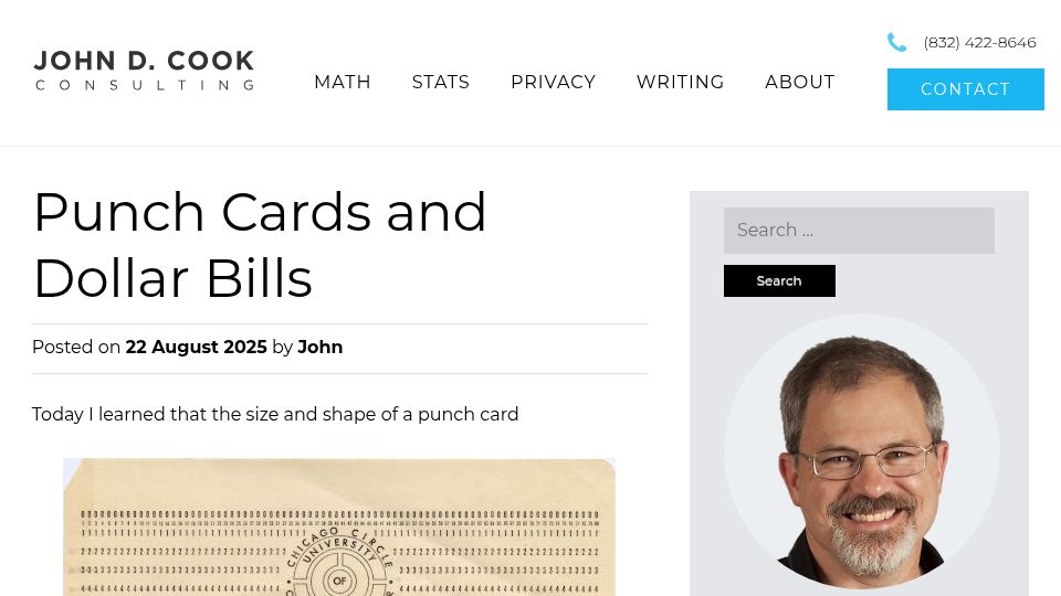 Screenshot of johndcook.com: Punch cards and dollar bills