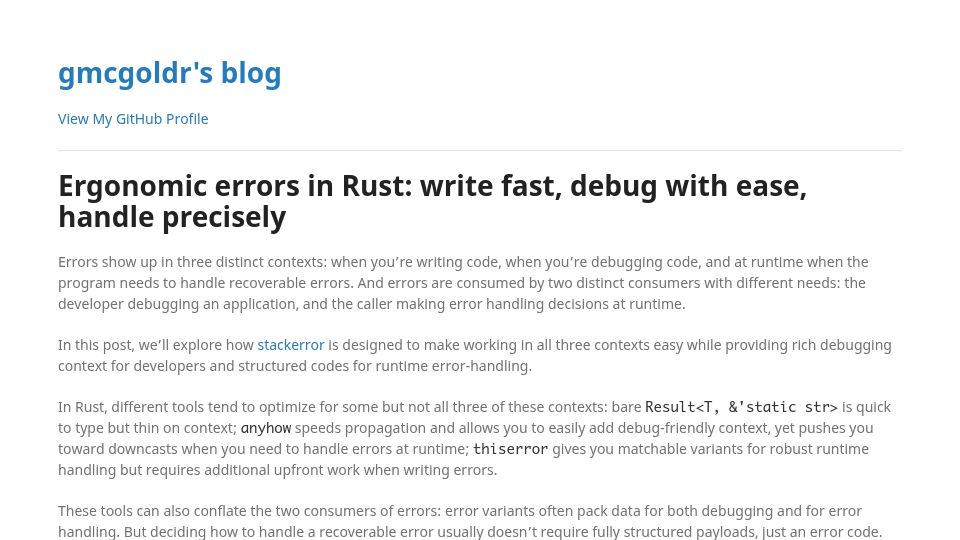 Screenshot of gmcgoldr.github.io: Ergonomic errors in Rust: write fast, debug with ease, handle precisely