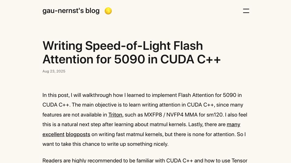 Screenshot of gau-nernst.github.io: Writing Speed-of-Light Flash Attention for 5090 in CUDA C++