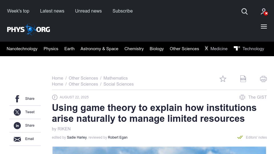 Screenshot of phys.org: Using game theory to explain how institutions arise to manage limited resources