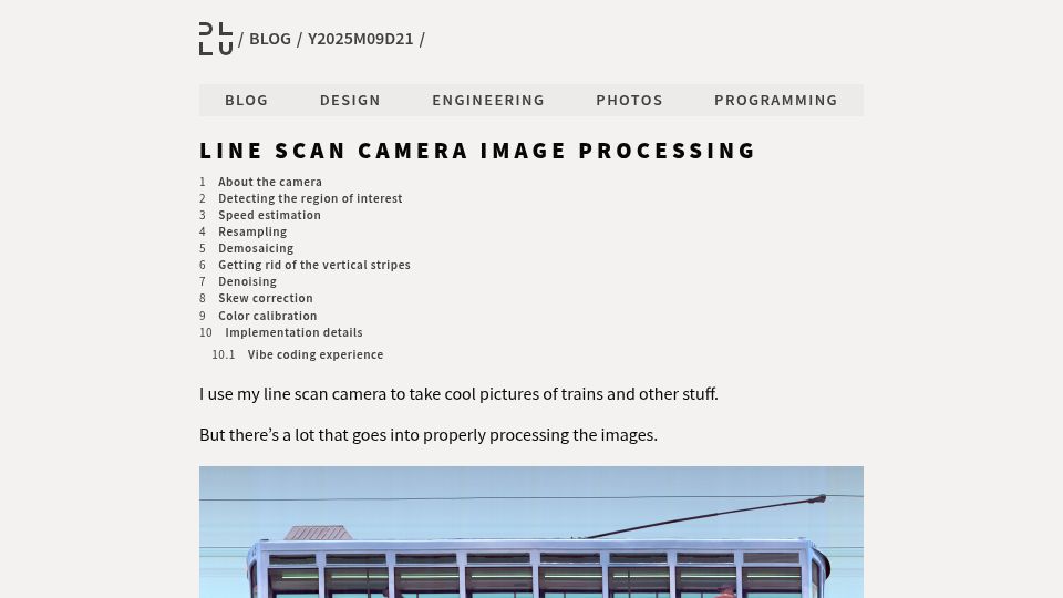 Screenshot of daniel.lawrence.lu: Line scan camera image processing for train photography
