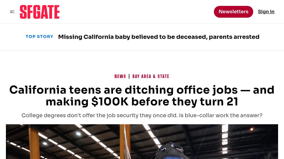 Screenshot of sfgate.com: California teens are ditching office jobs – and making $100K before they turn 21