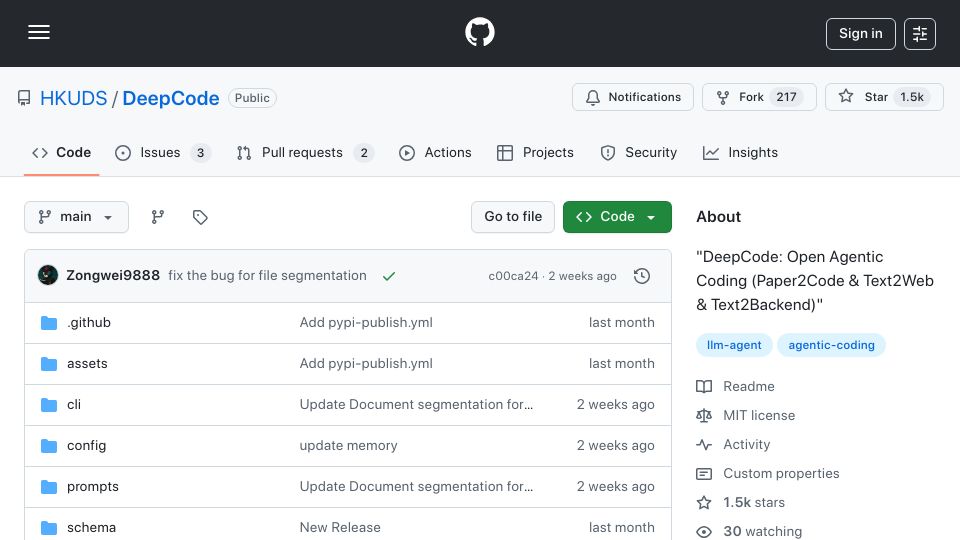 Screenshot of github.com: DeepCode: Open Agentic Coding