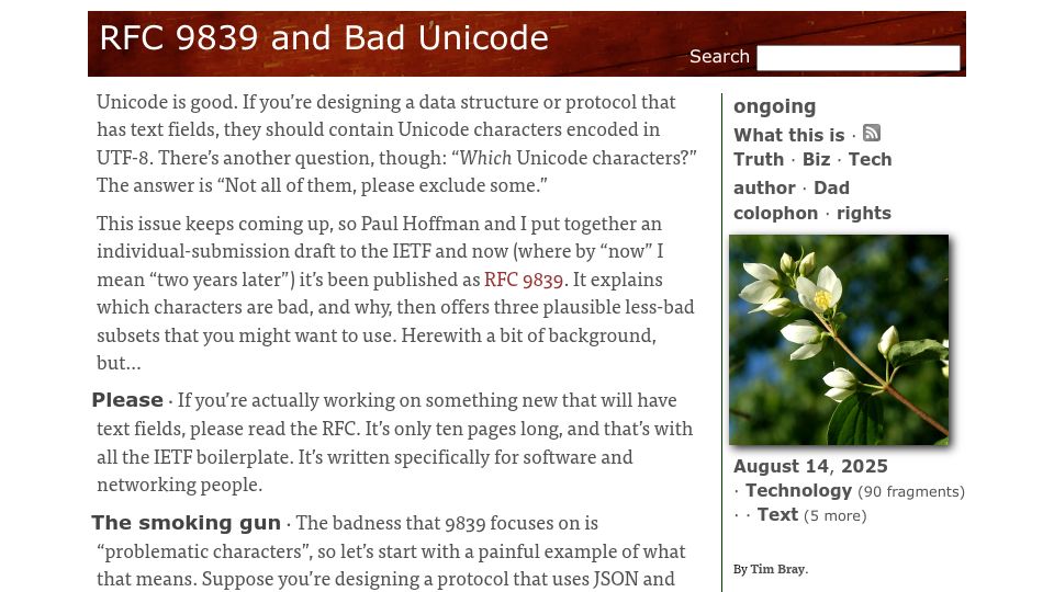 Screenshot of tbray.org: RFC 9839 and Bad Unicode