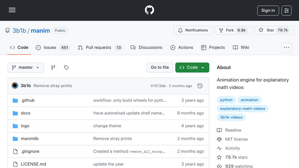 Screenshot of github.com: Manim: Animation engine for explanatory math videos