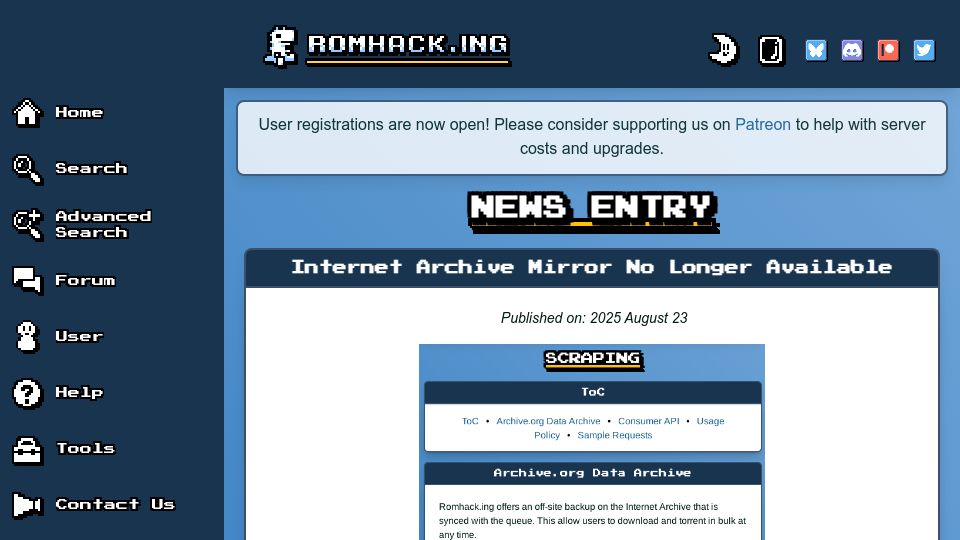 Screenshot of romhack.ing: Romhack.ing's Internet Archive Mirror No Longer Available