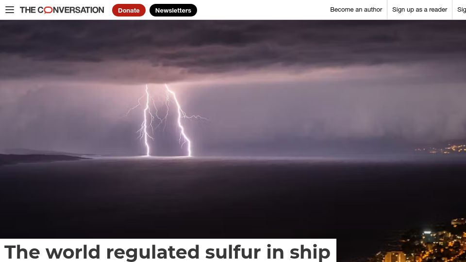 Screenshot of theconversation.com: Lightning declines over shipping lanes following regulation of sulfur emissions