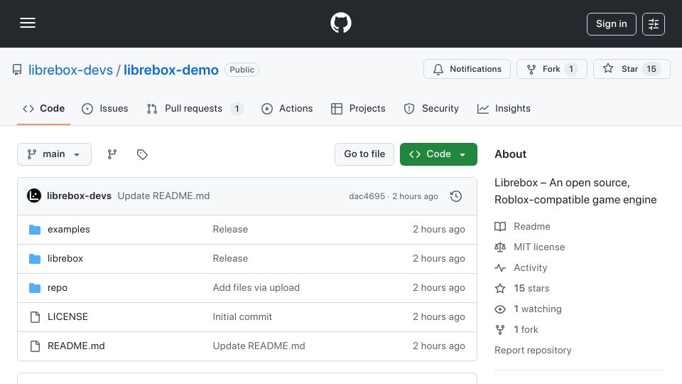 Screenshot of github.com: Librebox: An open source, Roblox-compatible game engine