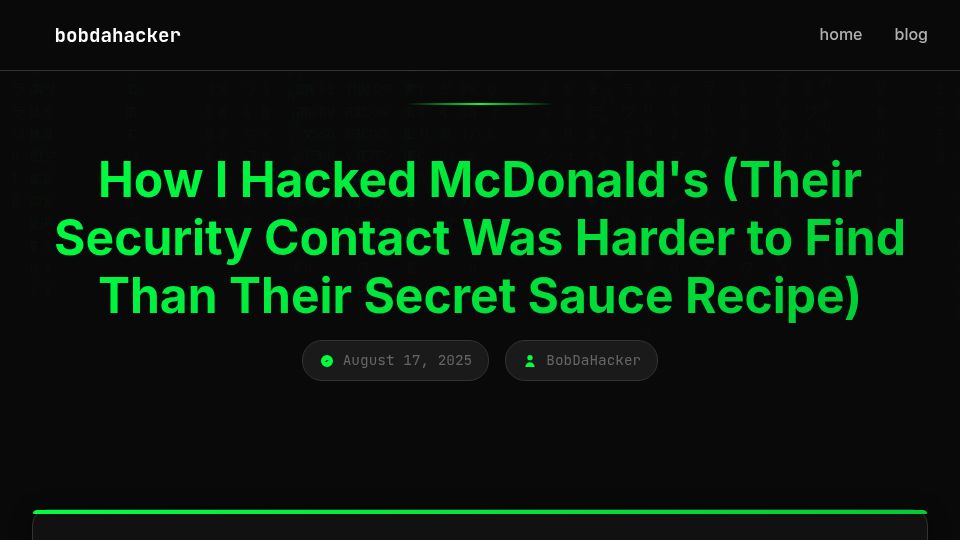 Screenshot of bobdahacker.com: I Hacked McDonald's (Security Contact Was Harder to Find Than Secret Recipe)