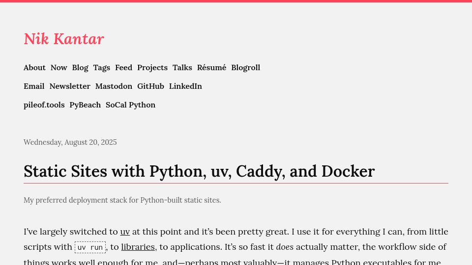 Screenshot of nkantar.com: Static sites with Python, uv, Caddy, and Docker