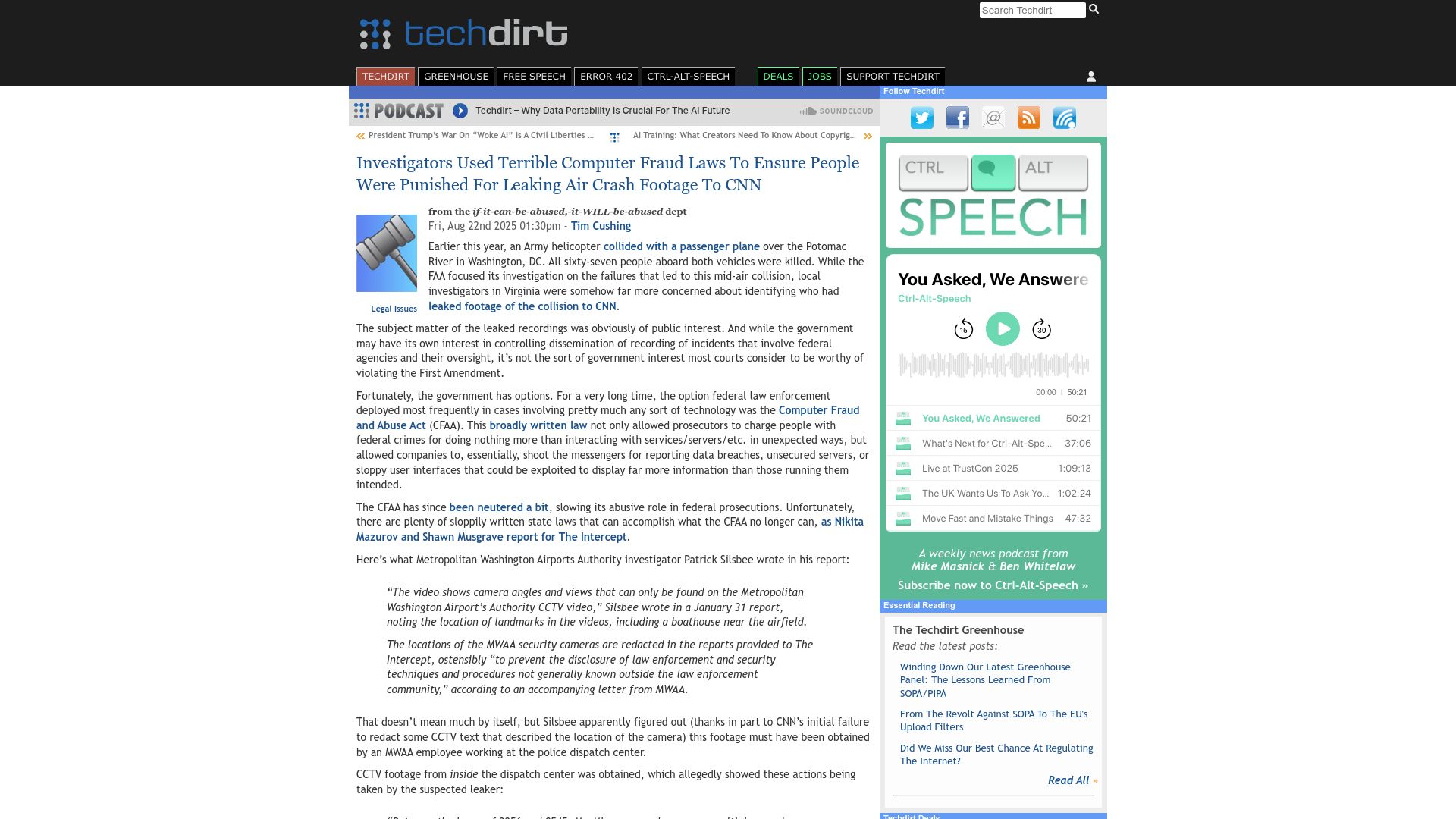 Screenshot of techdirt.com: Computer fraud laws used to prosecute leaking air crash footage to CNN