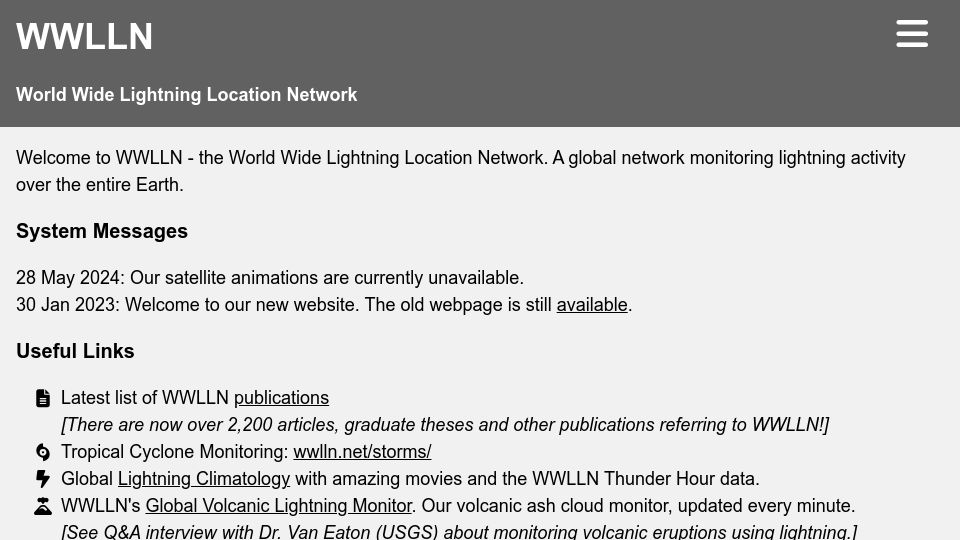 Screenshot of wwlln.net: World Wide Lightning Location Network