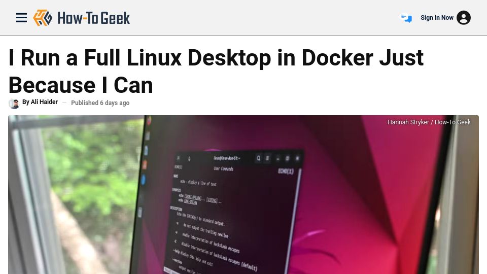 Screenshot of howtogeek.com: I run a full Linux desktop in Docker just because I can
