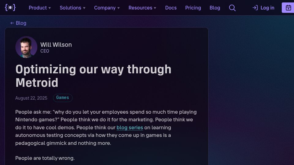 Screenshot of antithesis.com: Optimizing our way through Metroid