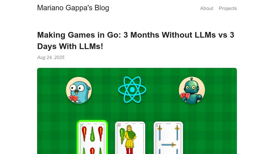 Screenshot of marianogappa.github.io: Making games in Go: 3 months without LLMs vs. 3 days with LLMs