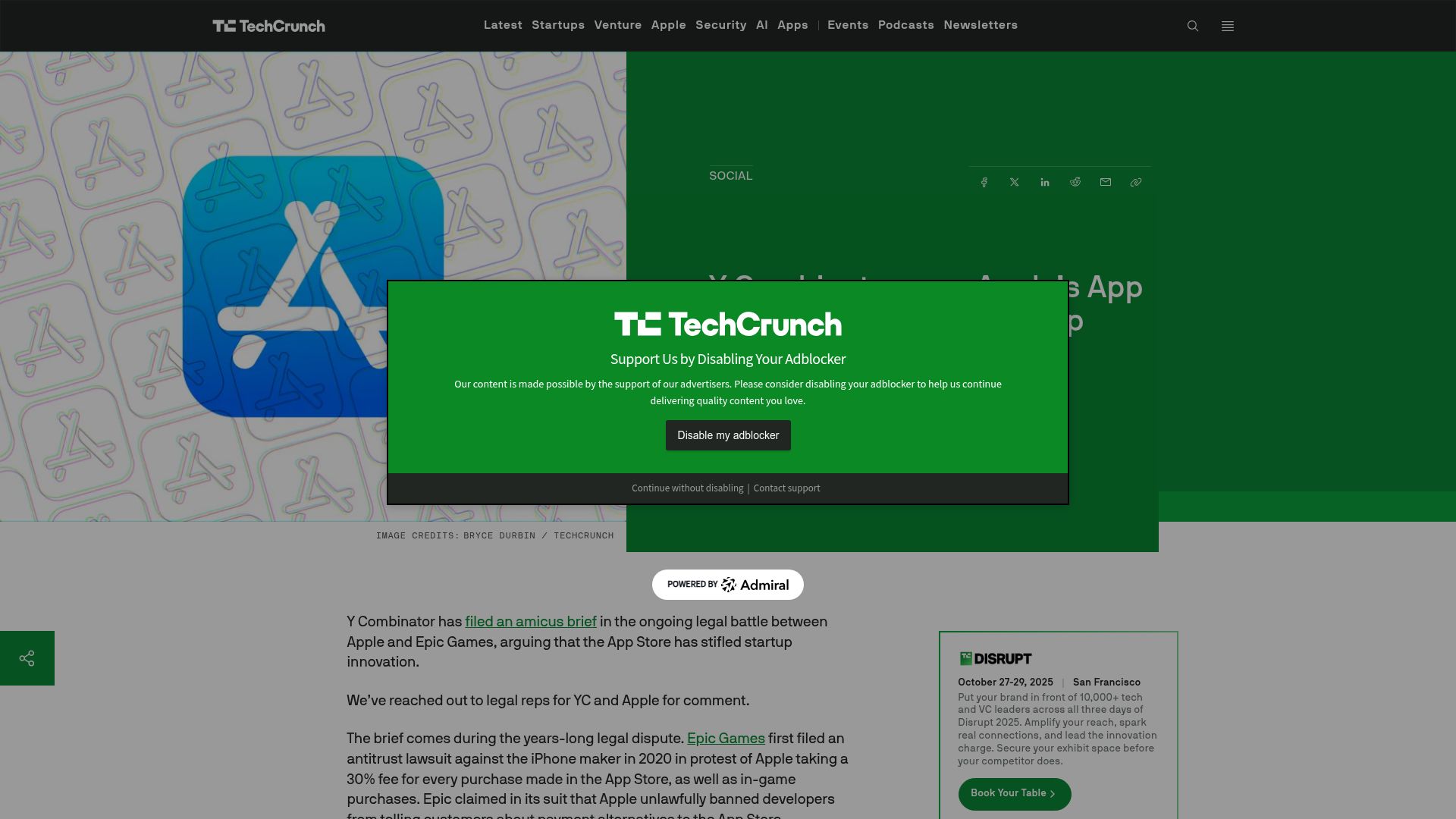 Screenshot of techcrunch.com: Y Combinator says Apple's App Store has hindered startup growth