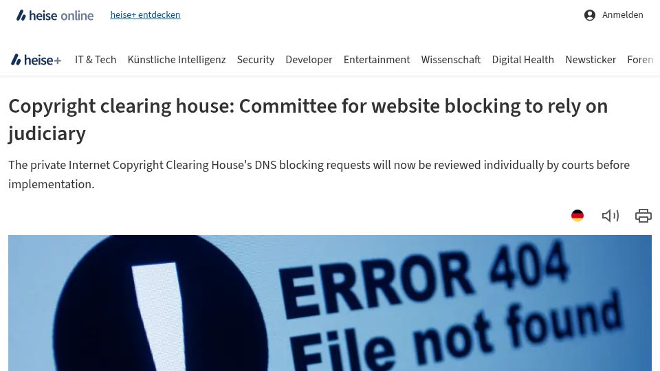 Screenshot of heise.de: Germany's Copyright Clearing House now requires courts for website blocks