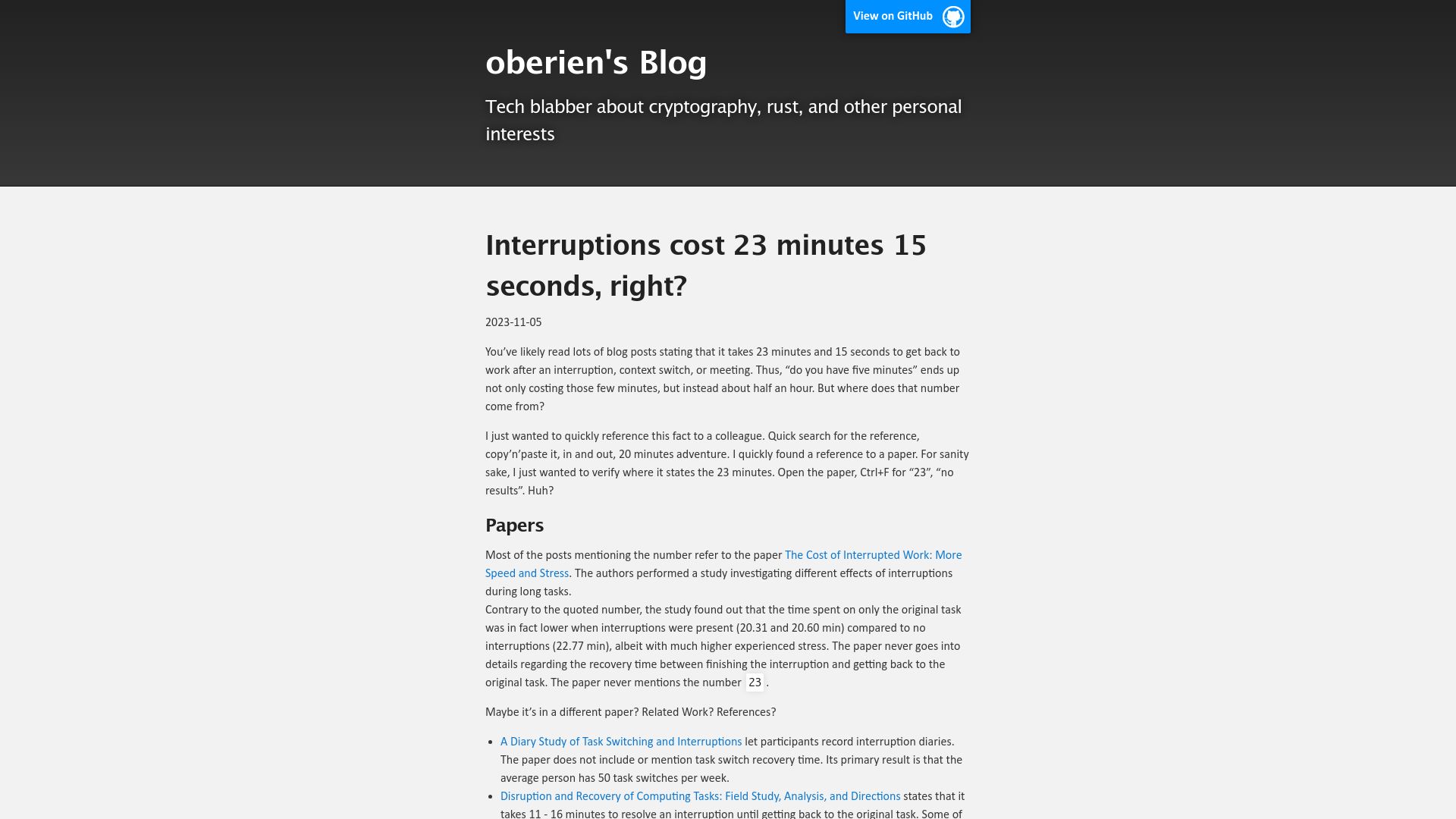 Screenshot of blog.oberien.de: The cost of interrupted work (2023)