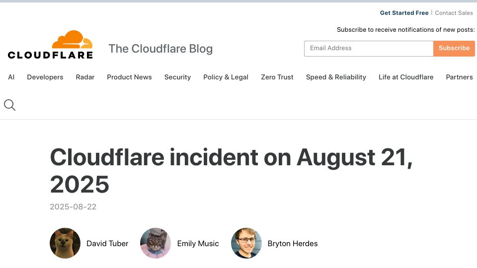Screenshot of blog.cloudflare.com: Cloudflare incident on August 21, 2025