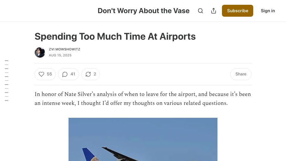 Screenshot of thezvi.substack.com: Spending too much time at airports