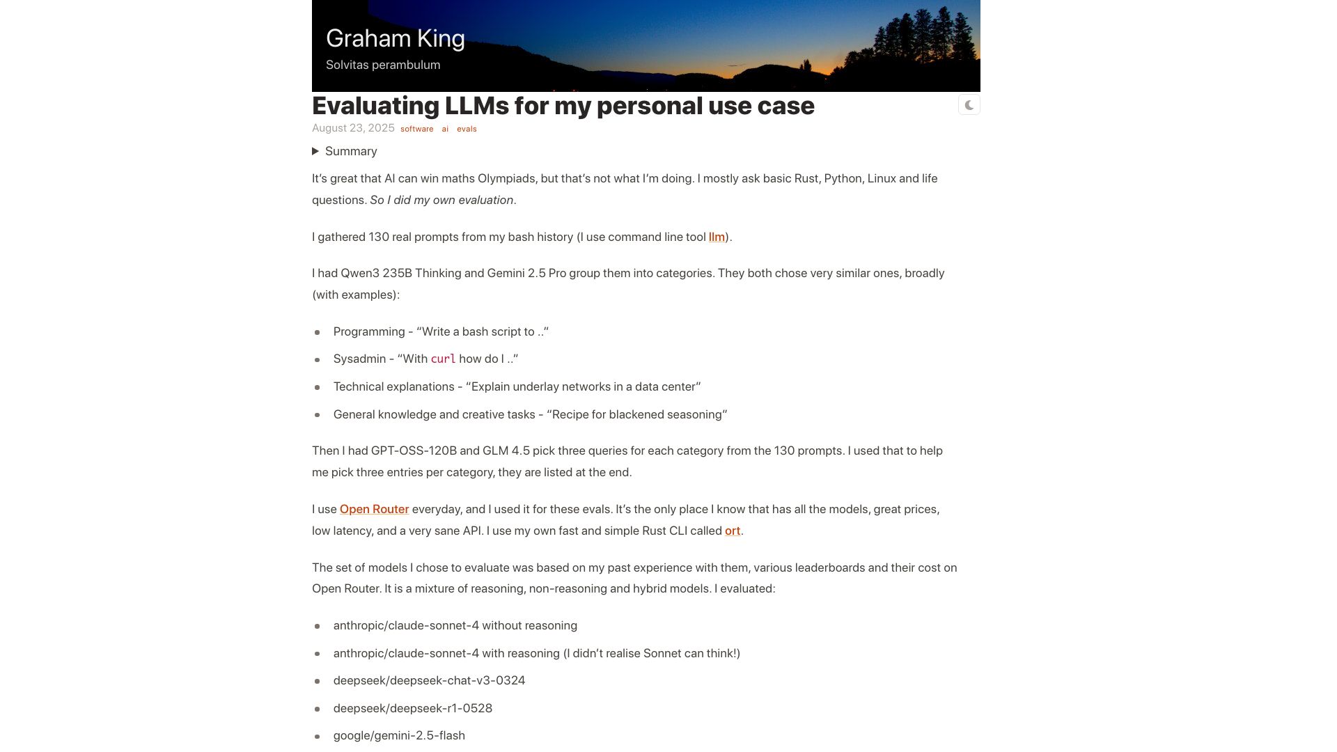 Screenshot of darkcoding.net: Evaluating LLMs for my personal use case