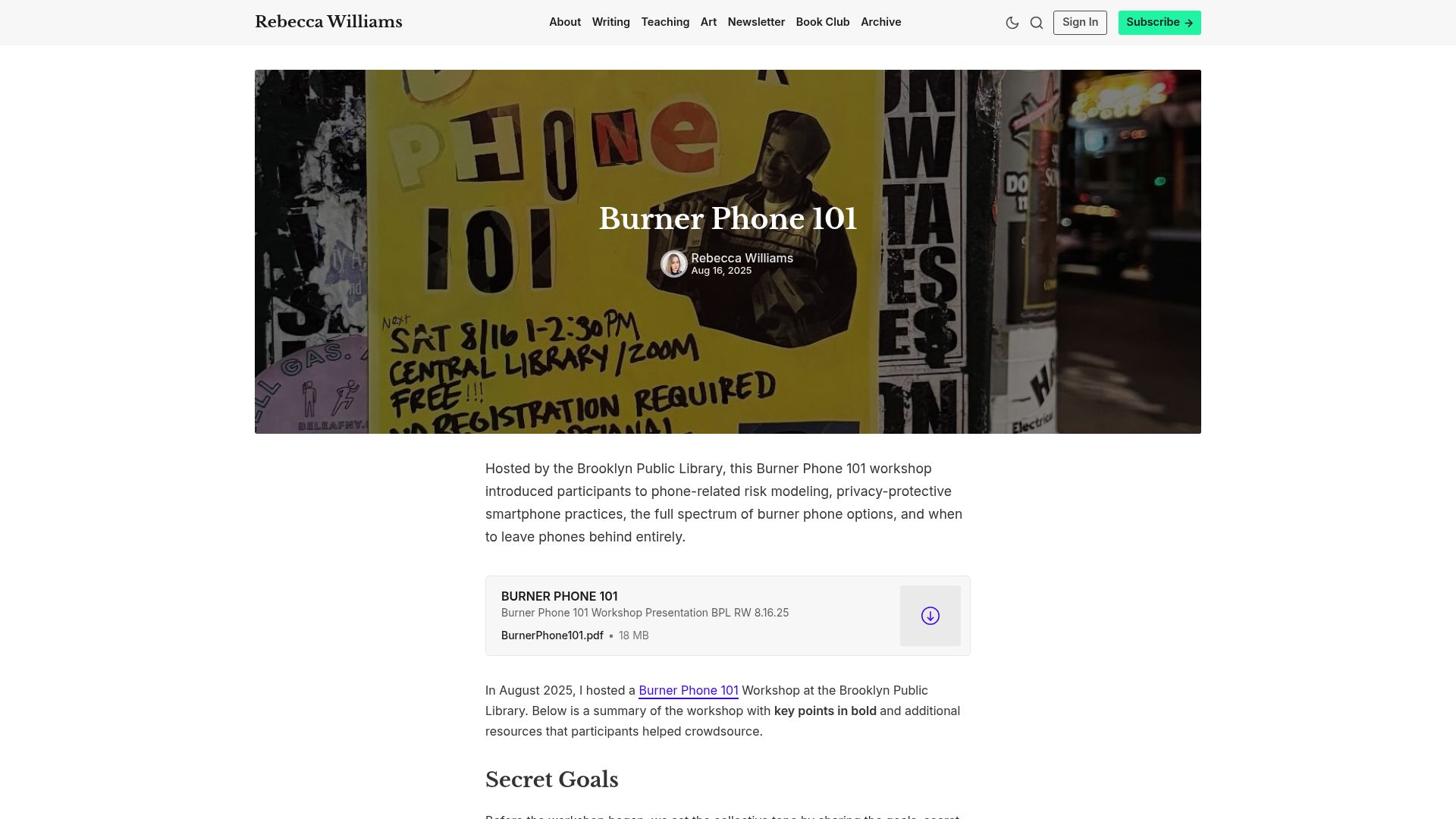 Screenshot of rebeccawilliams.info: Burner Phone 101