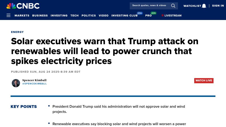 Screenshot of cnbc.com: US attack on renewables will lead to power crunch that spikes electricity prices