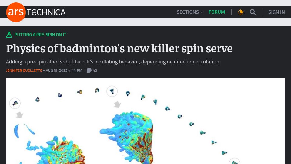 Screenshot of arstechnica.com: Physics of badminton's new killer spin serve