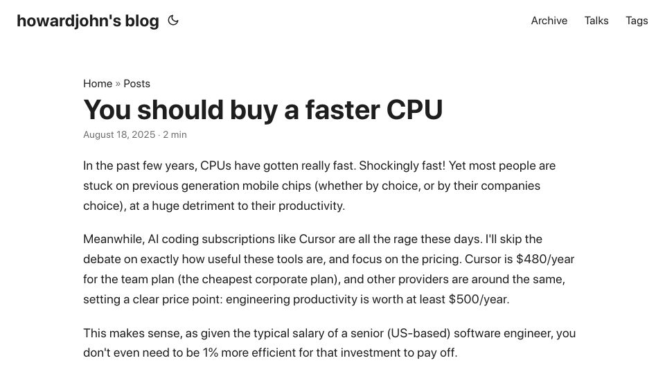 Screenshot of blog.howardjohn.info: It is worth it to buy the fast CPU