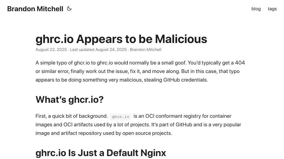 Screenshot of bmitch.net: Ghrc.io appears to be malicious