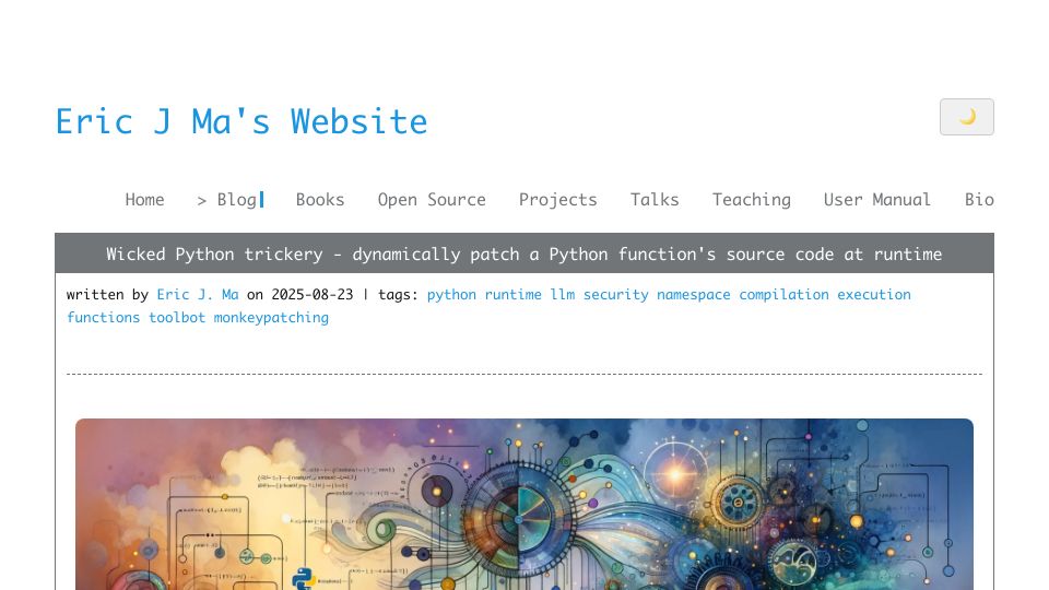 Screenshot of ericmjl.github.io: Dynamically patch a Python function's source code at runtime
