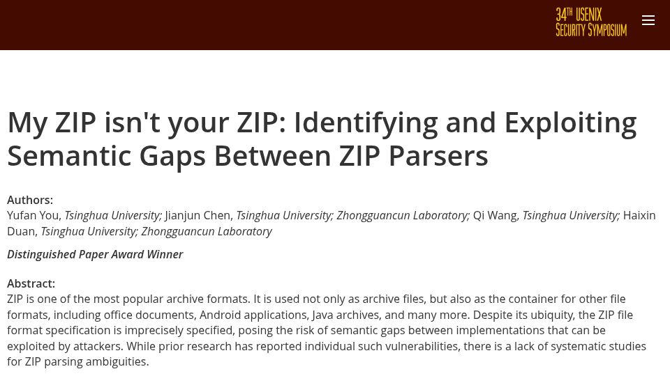 Screenshot of usenix.org: My ZIP isn't your ZIP: Identifying and exploiting semantic gaps between parsers