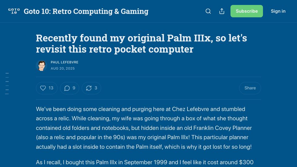 Screenshot of goto10retro.com: My original Palm IIIx