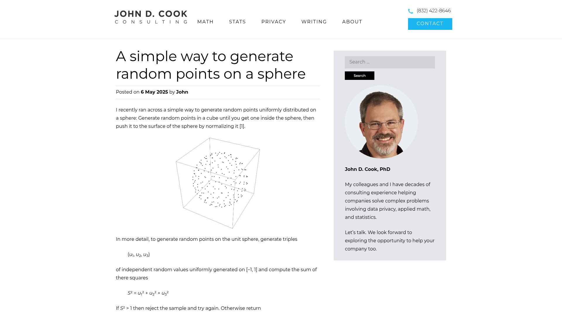 Screenshot of johndcook.com: A simple way to generate random points on a sphere