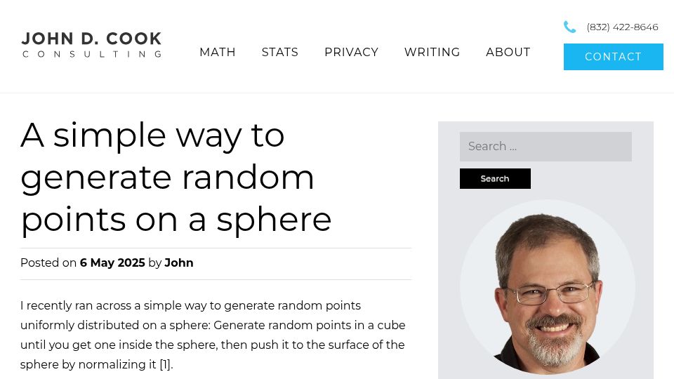 Screenshot of johndcook.com: A simple way to generate random points on a sphere