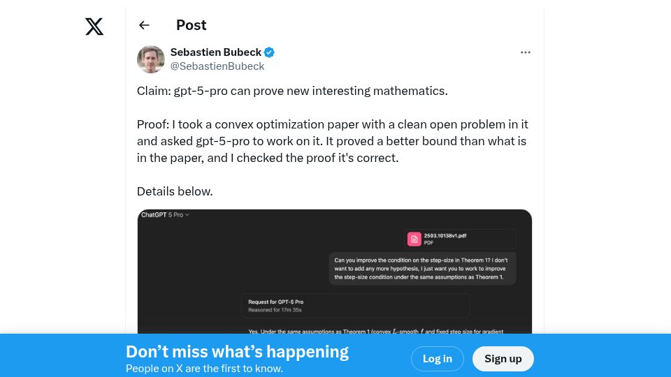Screenshot of twitter.com: Claim: GPT-5-pro can prove new interesting mathematics
