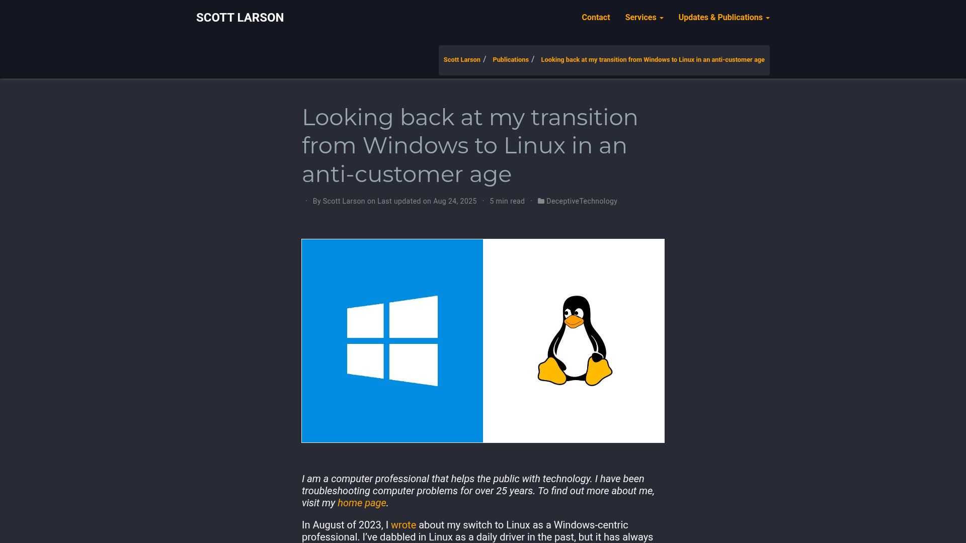 Screenshot of scottrlarson.com: Looking back at my transition from Windows to Linux
