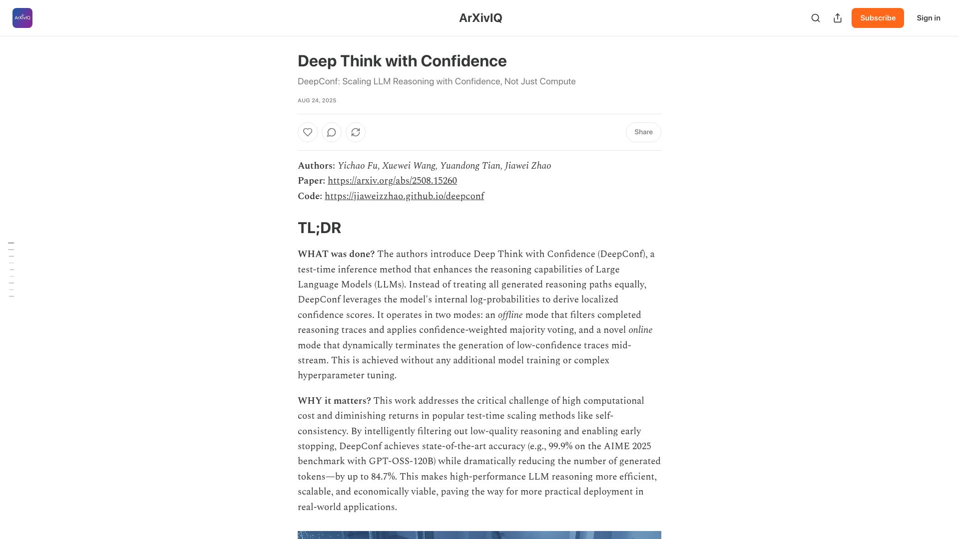 Screenshot of arxiviq.substack.com: Deep Think with Confidence