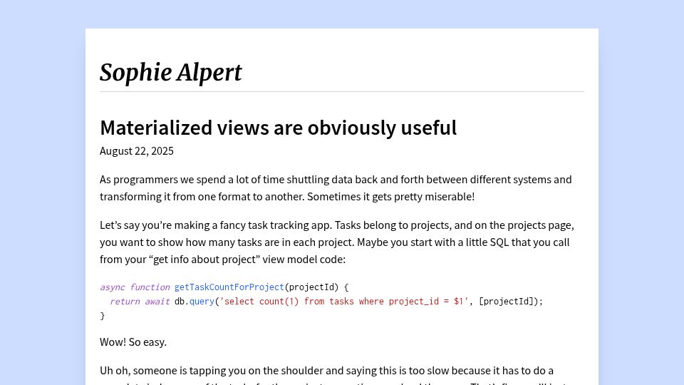 Screenshot of sophiebits.com: Materialized views are obviously useful