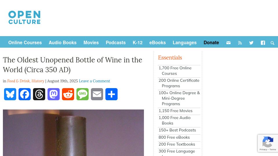 Screenshot of openculture.com: The oldest unopened bottle of wine in the world