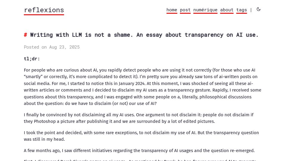 Screenshot of reflexions.florianernotte.be: Writing with LLM is not a shame