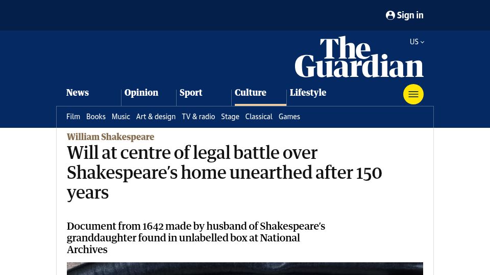 Screenshot of theguardian.com: Will at centre of legal battle over Shakespeare’s home unearthed after 150 years