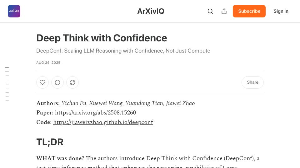 Screenshot of arxiviq.substack.com: Deep Think with Confidence