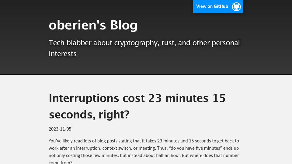 Screenshot of blog.oberien.de: The cost of interrupted work (2023)