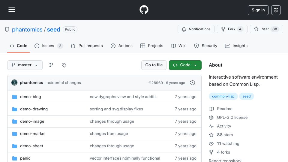Screenshot of github.com: Seed: Interactive software environment based on Common Lisp