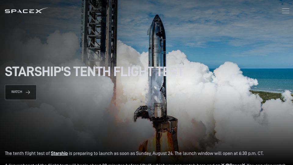 Screenshot of spacex.com: Starship's Tenth Flight Test